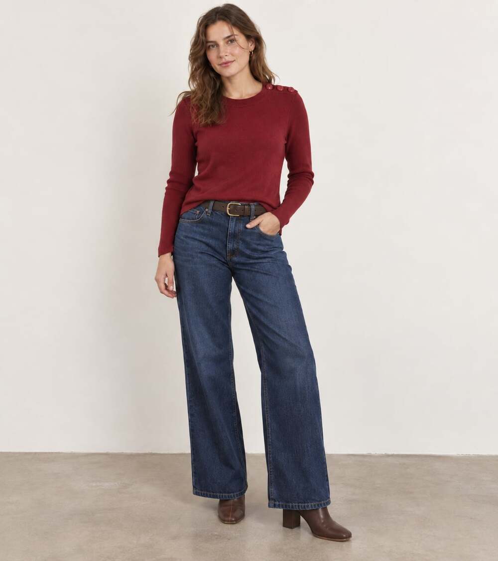 $216 L'Agence Burgundy Knit Crew Sweater Button Shoulder Slim Fit Fall Holiday